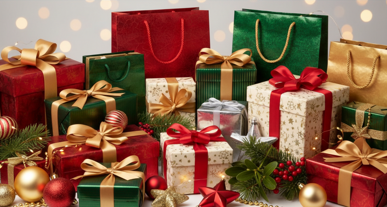 Assorted Christmas gifts in red, green, and gold with ribbons and decorative items on a light gray background.