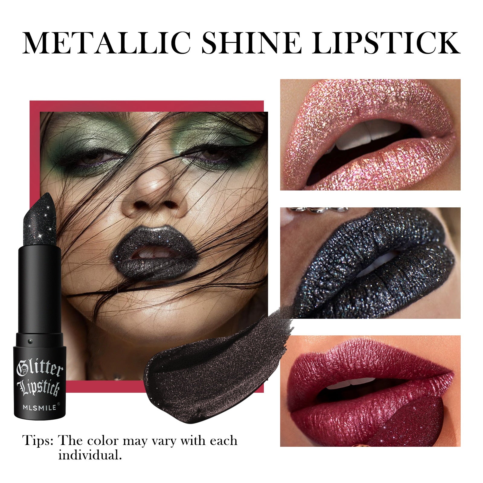 Collage of metallic shine lipstick with close-ups on lips and a lipstick itself, featuring the brand 'MILSMILE'.